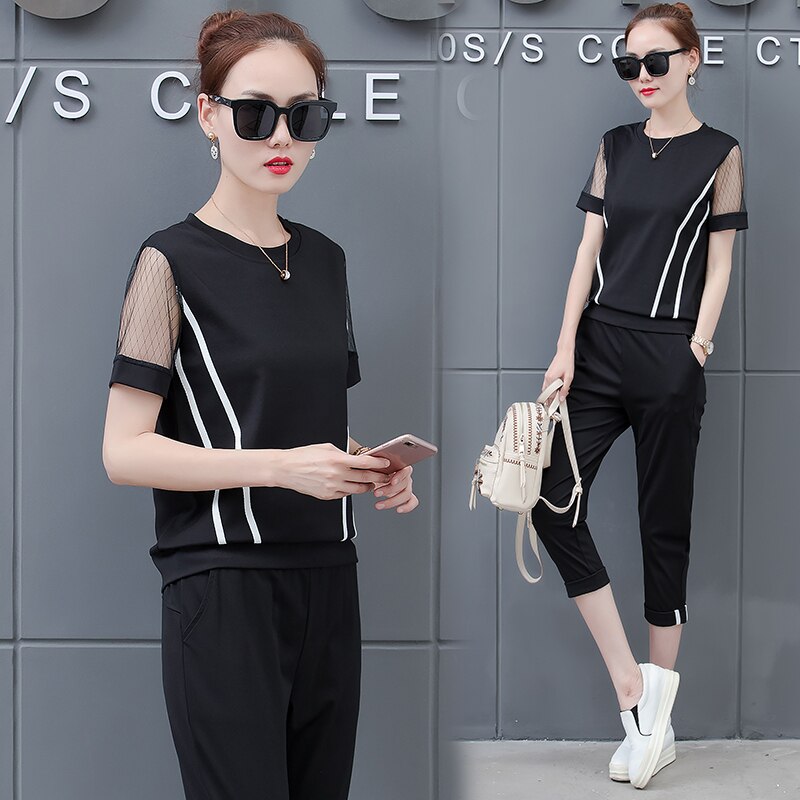 Set Korean loose sweatshirt & capris big yards leisure summer two-piece clothing set women outfit white black: Black / M
