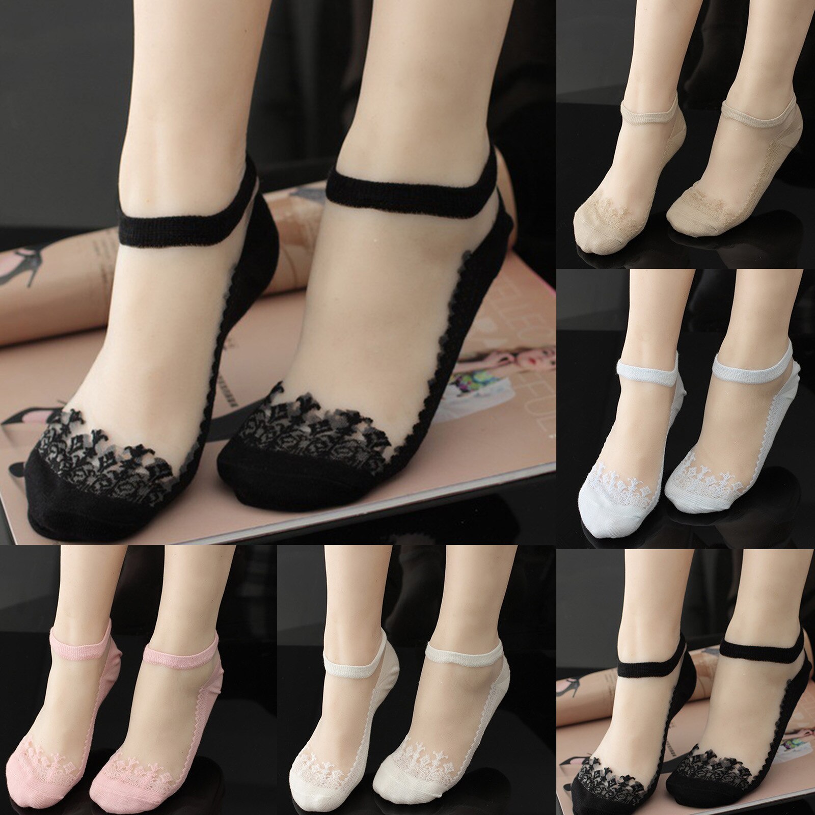 Quente sexy respirável pele preta cor sólida laço impresso antiderrapante tornozelo meia flor verão invisível curto meias femininas socks socks socks socks