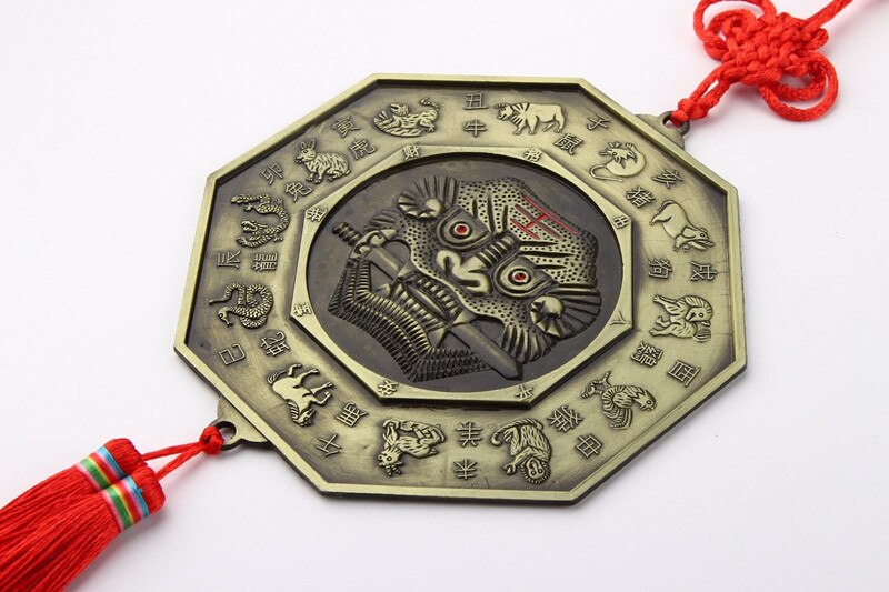 Miroir Feng Shui Foo pour la Protection de la maison, ornement Feng Shui Foo chien mordant une épée baguette avec pompon à nœud chinois pour le bureau, Protection de la famille