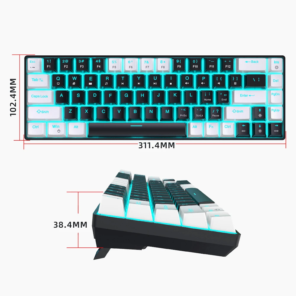 Mekaniskt tangentbord för gamer, 60%  mini-tangentbord, spel, 68 tangenter, bakgrundsbelyst, trådbundet, bärbart usb-tangentbord, pc-teclado, vitt, svart, klaver