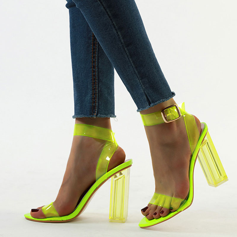 Neon Green PVC Transparent Sandals Women Open Toe Shallow Chunky High Heels Sandals Women Clear Heed Transparent Sandals Shoes
