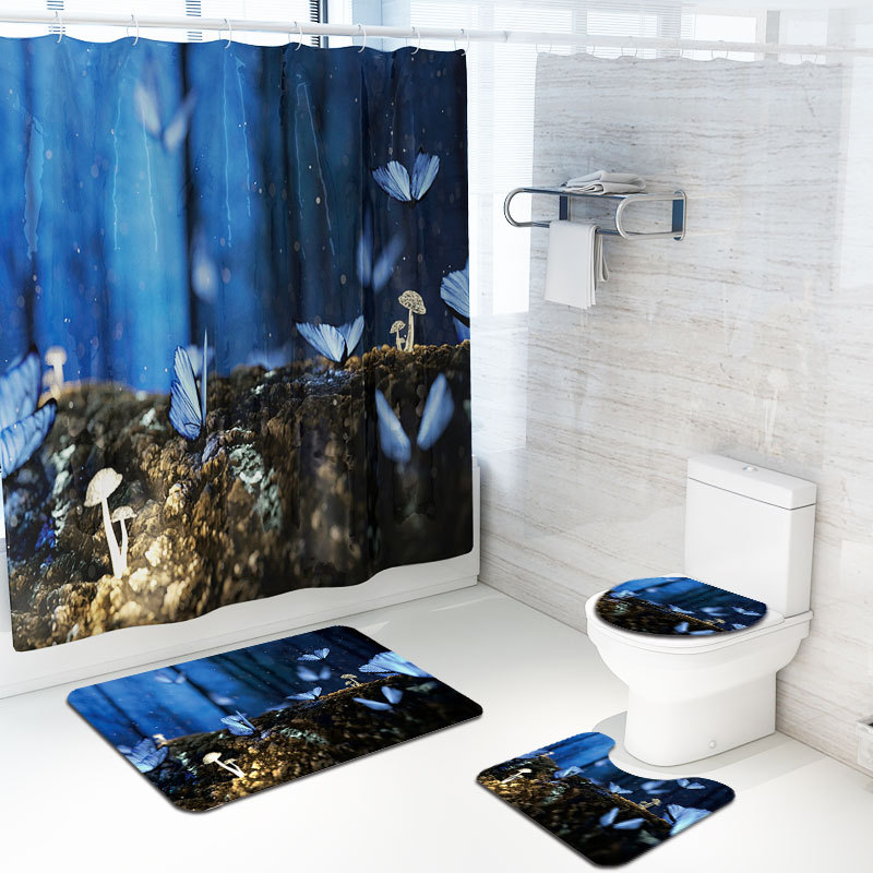Bloem Patroon Afdrukken Badkamer Waterdicht Douchegordijn Set Voetstuk Tapijt Deksel Tapijt Wc Cover Set Bad Gordijn Mat Set: 4 Pieces  set -C