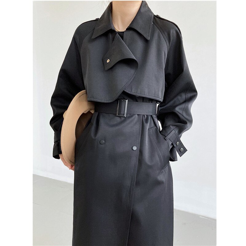 2022 En Najaar Vrouwen Mid-Length Trenchcoat Dunne Taille Modieuze Temperament Jas: Black / M