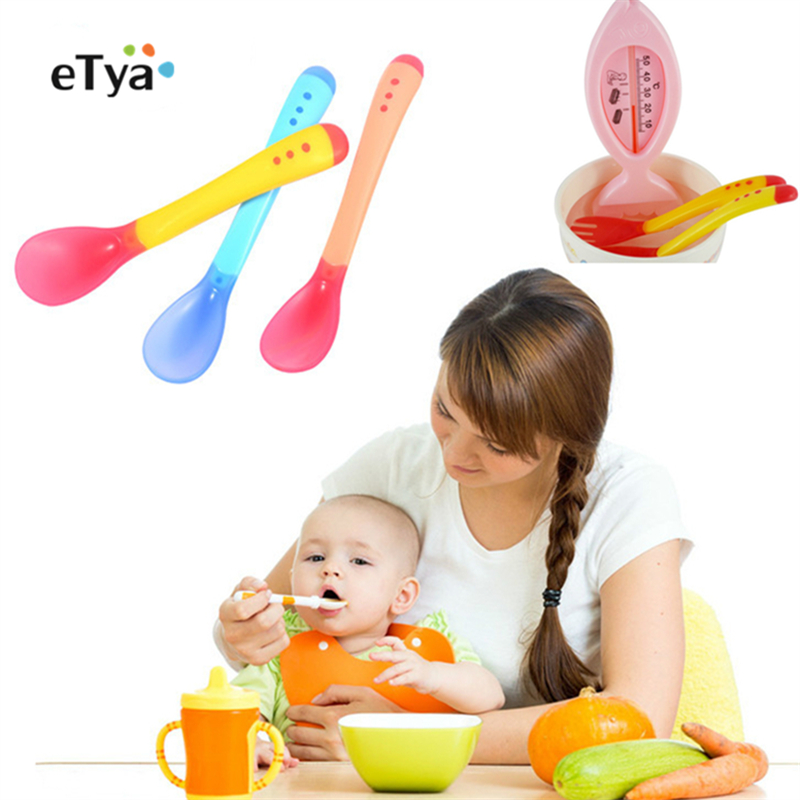 Veiligheid Temperatuur Sensing Lepel Babyvoeding vork kids Kinderen Voedsel Gebruiksvoorwerpen Siliconen lepels Voor Baby Care servies