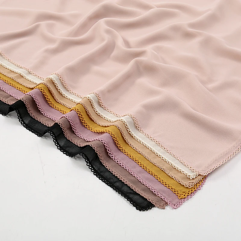 Premium Chiffon Hijab Sjaal Voor Vrouwen Tulband Sluier Kant Stiksel Sjaals Moslim Hijaabs Effen Kleur Vrouw Hoofddoek Sjaal Ramadan