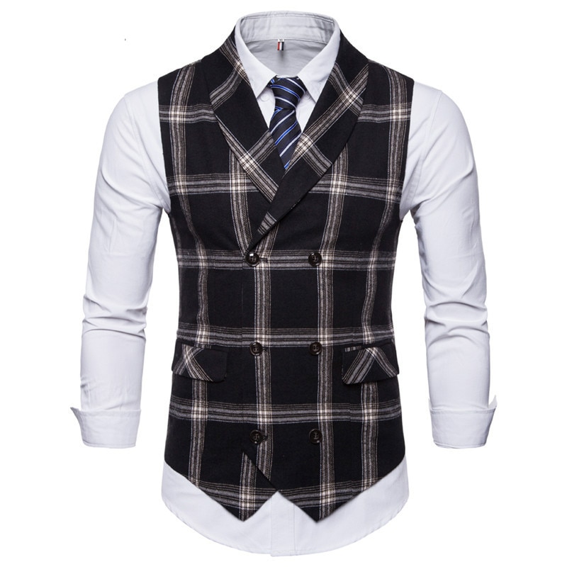Ffxzsj klassisk rutete dressvest herre slank passe dobbelspent Vest Vest herre virksomhet bryllup røyking Vest gilet homme