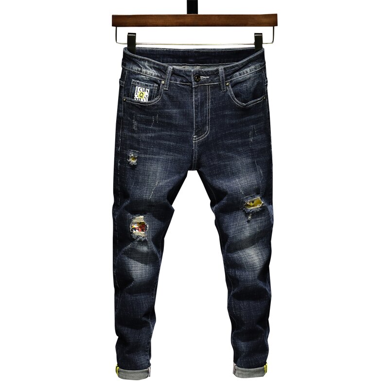 Jean déchiré bleu foncé pour hommes, style Hip Hop, élastique, coupe ajustée, Streetwear, pantalon détruit, vêtements Patch: 32