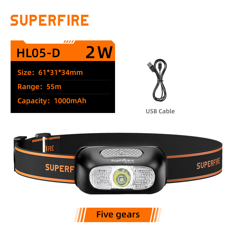 SUPERFIRE HL05-D/L/R Mini LED Headlamp USB Rechargeable Headlight High Power Head Lamp Sensor Work Front Light Fishing Lantern: RGB