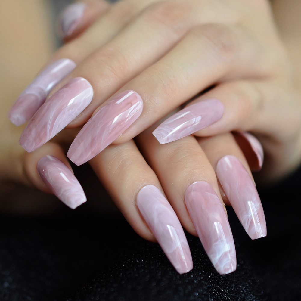 Marbling False Nails Grey Stiletto Shiny Marble Nail Art Tips Medium Size Pointed Sharp Nails 24 Count: L5268