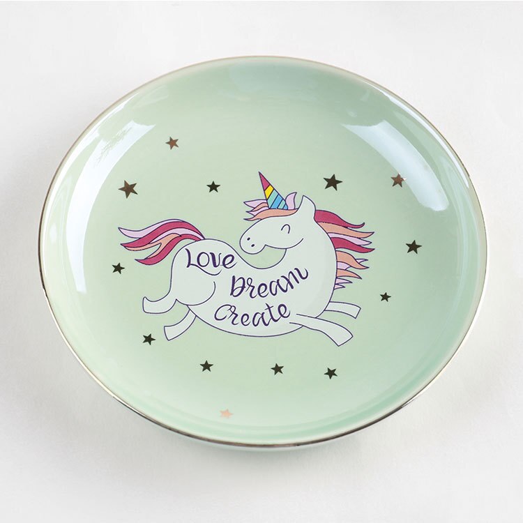 Unicórnio Dos Desenhos Animados Coração-em forma de taças de cerâmica placas de sorvete Decoração Artesanato Jóias prato Lanche prato Lanche bandeja de armazenamento de doces: Green B