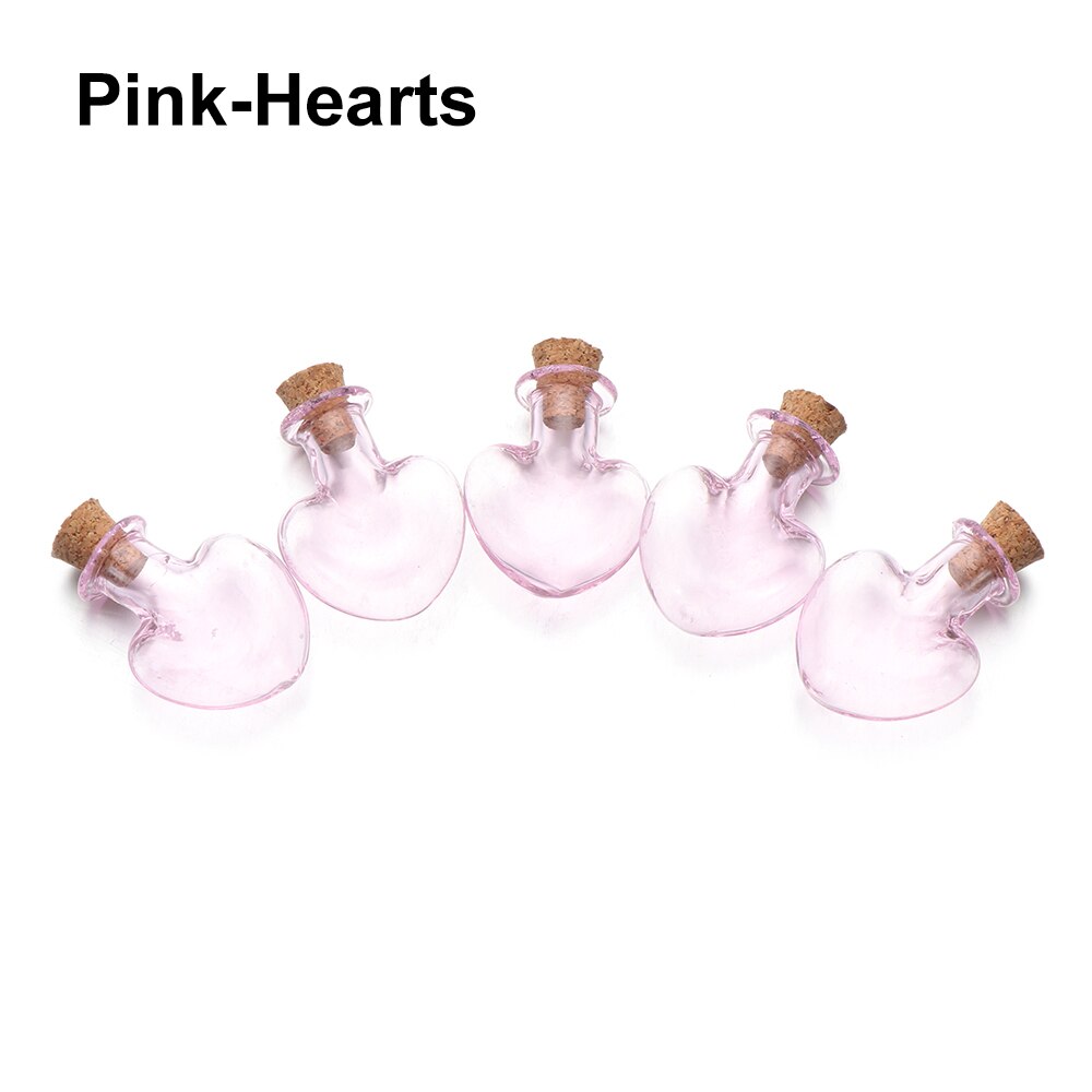 5pcs/pack Mini Glass Cork Bottles Empty Sample Jars Wishing Bottle Wedding Home Decoration Pendants Cork Stopper Storage Vial: Pink-Hearts