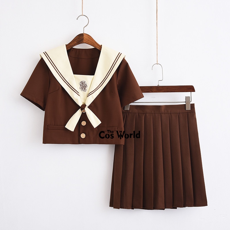 Ivory Yellow Cross Summer Navy Sailor Suit Tops Skirts JK High School Uniform Class Uniform Students Cloth