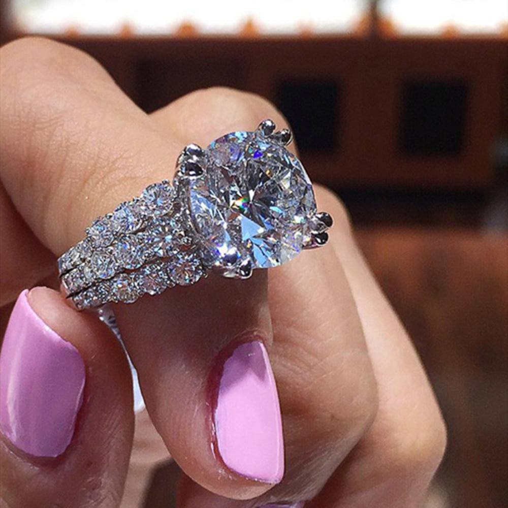 Huitan luksus stor rund krystal zirkon kvinder vielsesring sølv farve dame forlovelsesring smykker