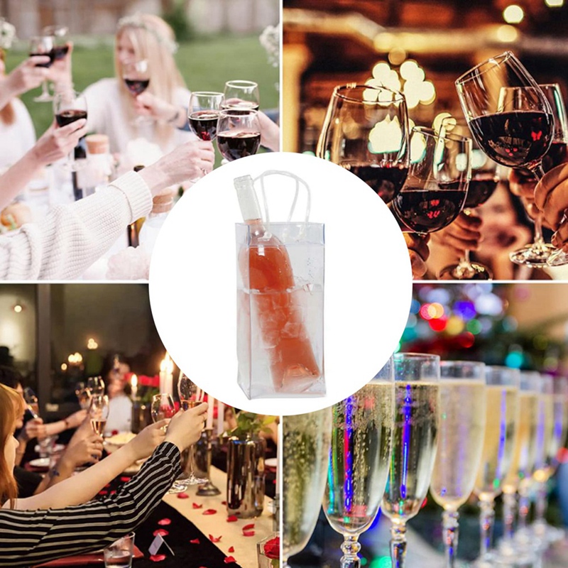 Bolsa de PVC transparente para enfriar botellas de vino, bolsa de hielo portátil con asa, paquete de 10 unidades