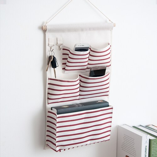 Canvas Storage Hanging Bag Wall Hanging Door Dormitory Hanging Bag 5 Pocket Space Sundries Hanging Organizer: Wine Red