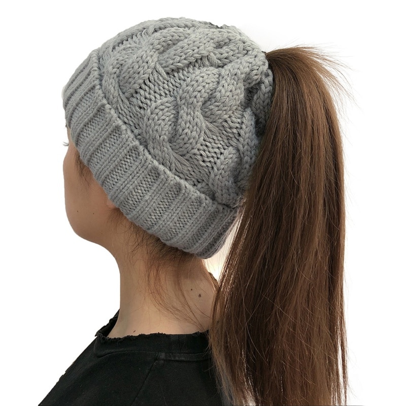 Hat autumn and winter woman knit warm innocent bonnet ponytail warm hat roll adjustable wool thick solid color
