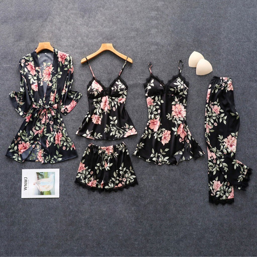 Pijama de satén de 5 piezas para mujer, ropa de dormir de retales de encaje, para boda, de rayón, para el hogar