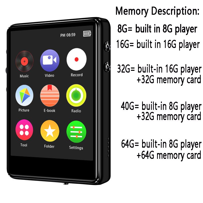 Bluetooth 5.0 Mp3 Player 2.4 Inches Full Touch Screen Built-in Speaker 8G 16G 32G with E-Book FM Radio Recorder Video Playback