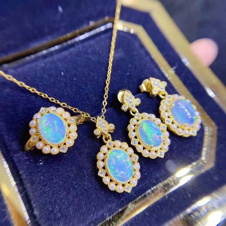 Luxury Female Oval Opal Jewelry Set Charm Gold Color Dangle Earring For Women Dainty Crystal Pearl Wedding Ring Chain Necklace