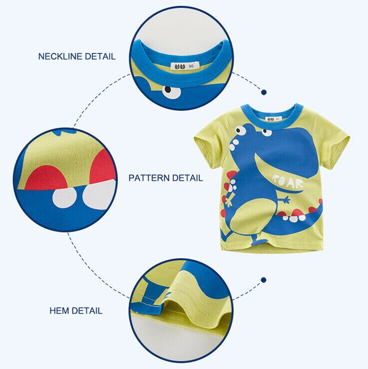 pudcoco Summer Kids Boys T-Shirts Cartoon Cute Dinosaur Pattern Short Sleeve Casual Top