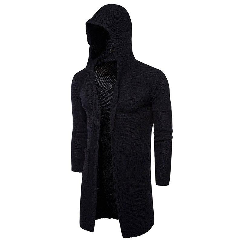 Cardigan Long à capuche pour homme, chandail tricoté, brodé, nouvelle , automne,: black / XL