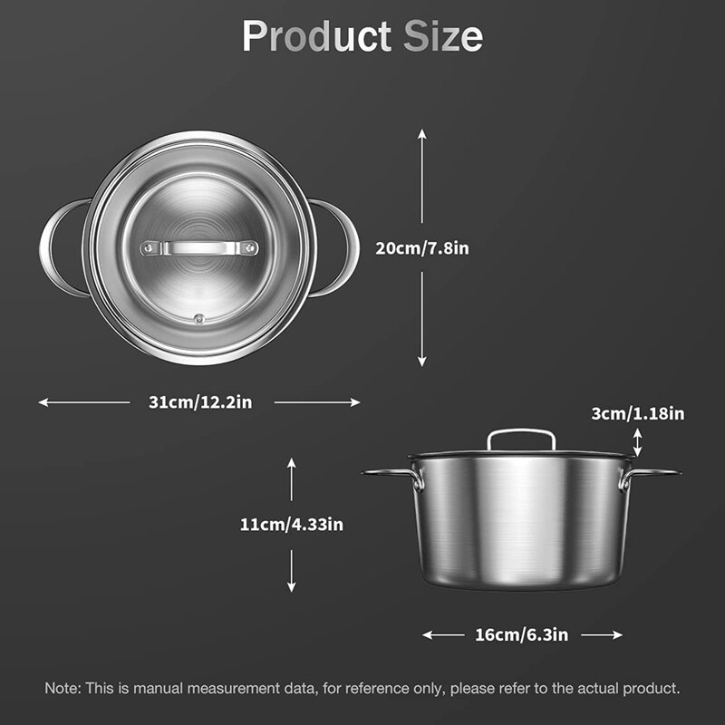 Induction Pot with Glass Lid 3Qt, 7.9 Inch, Compatible with All Heat Sources, Oven Resistant, Stockpot Stew Cooking Pot