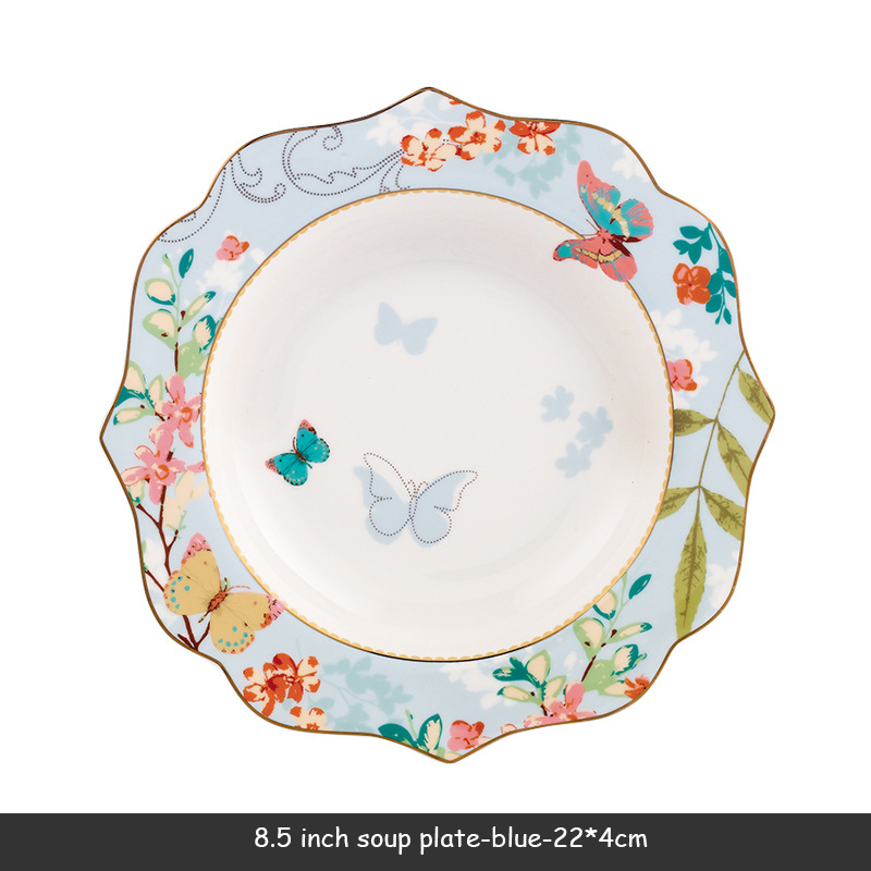 European Style Lace Dinner Plate Fruit Plate Ceramic Tableware Plate Western Food Steak Plate Soup Bowl Food Container: Soup Plate-blue