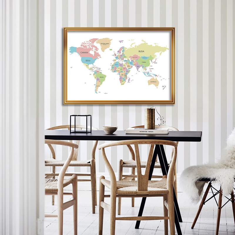 90x60cm Spanish Map of The World Canvas Painting Political Distribution Map In Spanish Poster for Home Office Decoration
