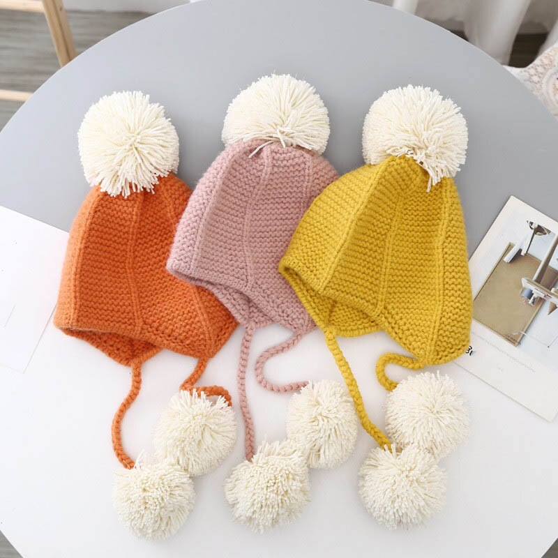 Winter gebreide warme babymuts schattige dubbele pompon baby jongen meisje muts oorbescherming mutsen kindermuts 3 to 24 maanden