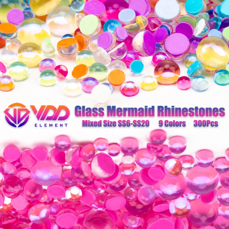 300Pcs Gemengde Grootte Nail Art Mermaid Ronde Glazen Crystal Plaksteen Diy 3D Snoep Kleuren Kralen Glitter Stenen Decoraties