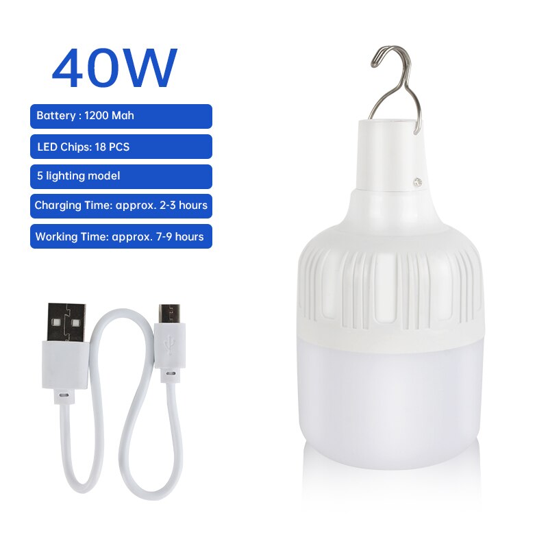Bærbar utendørs pære usb oppladbar ledet nødlys telt lampe batterilanter bbq camping lys til uteplass / veranda / hage #: 40w