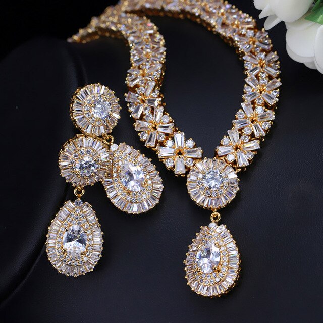 Threegraces Prachtige Zilveren Kleur Cz Grote Royal Blue Water Ketting Oorbellen Afrikaanse Sieraden Sets Voor Bruiden JS029: gold plated white