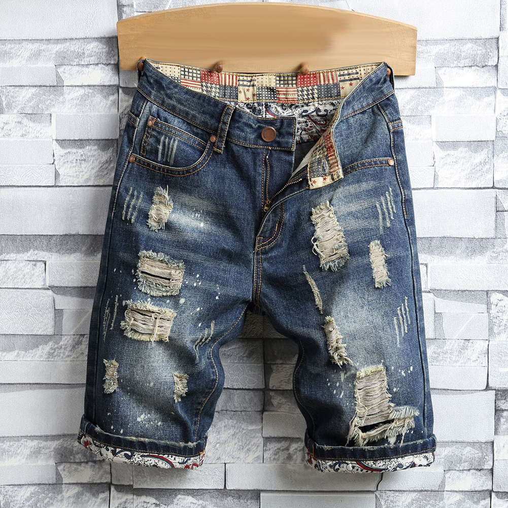 Retro sommer mænd ripped denim shorts jeans ødelagt hul plus size fifth bukser streetwear sommer lige denim ripped shorts