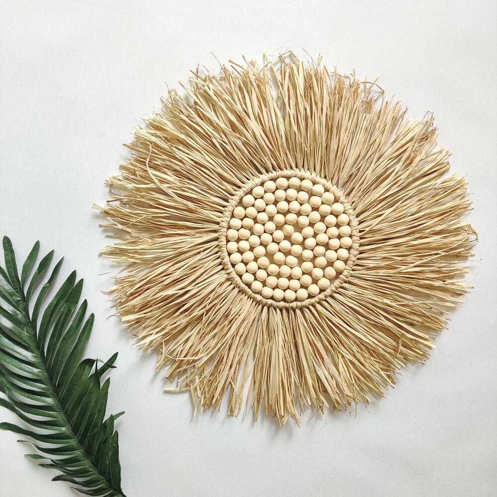 Miroir de paille rond tissé en bois marocain, nordique, perles de maquillage suspendues, ornements muraux, artisanat de décoration de maison