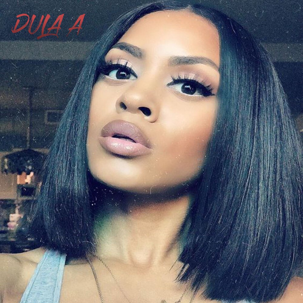 Dula EEN Steil Haar Synthetische Lace Front pruik Korte Bob Pruik 14 "T Deel Pruiken Voor Vrouwen Zwart Natuurlijke kleur