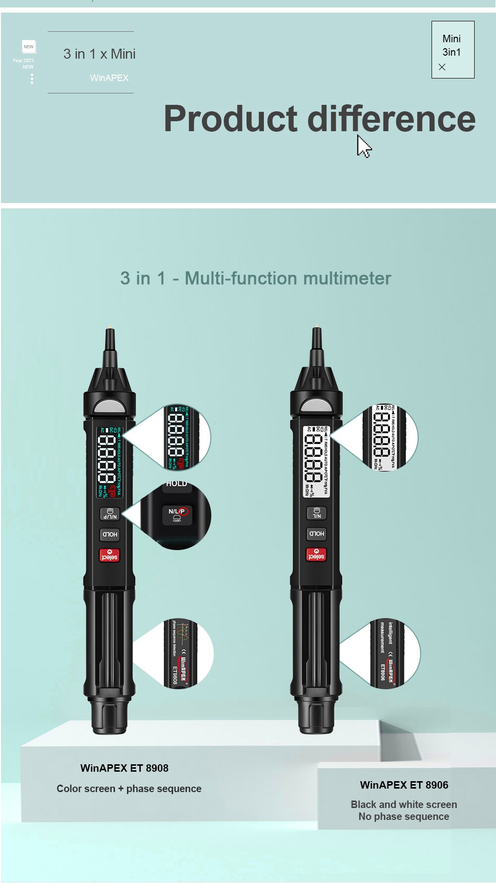 3 in 1 et8906/et8908 pro true rms digital multimeter profesjonell + spenningstester penn + fasesekvenser meter voltmeter