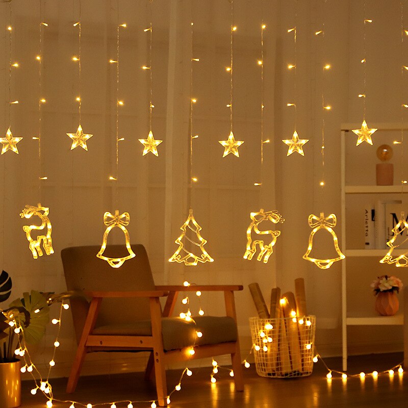Led gordijn lichtsnoer gekleurde lampjes knipperende lampjes bellen elanden kerstboom banket verjaardag feestdecoratie