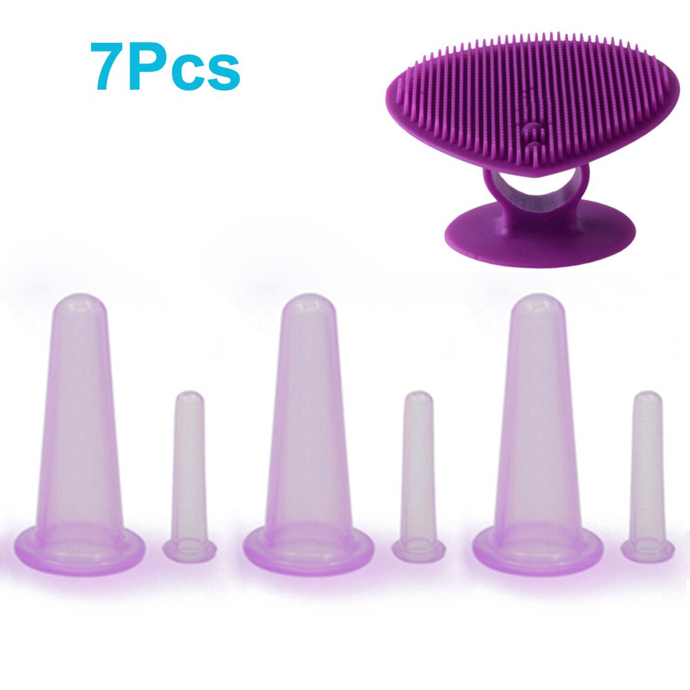 7Pcs Cupping Facial Set Voor Gezicht Eye Cupping Massage, facial Cupping Set Siliconen Cups Met Exfoliërende Borstel Voor Gezicht Hals Huid: Purple