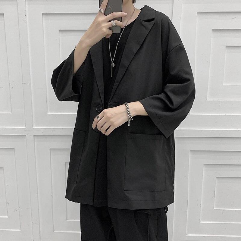 Autumn Korean Style Oversize Blazer Men's Solid Color Business Casual Dress Jacket Men Streetwear Loose Suit Jacket Mens: Black / M