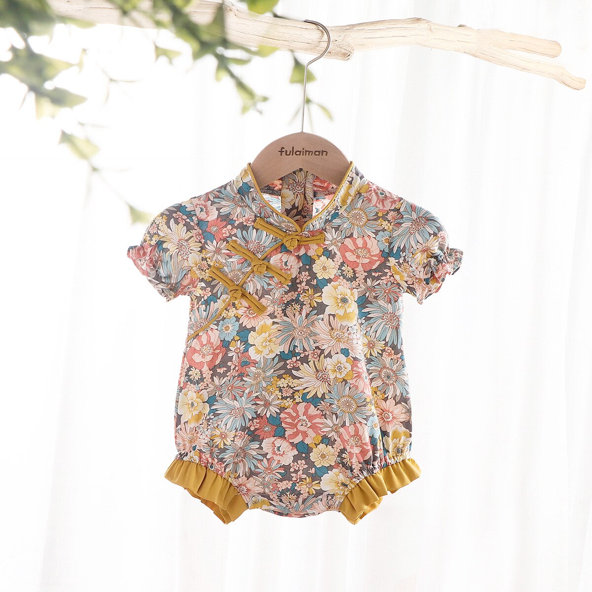 Baby Jumpsuit Zomer Baby Meisje Jongen Katoen Bodysuit Korte Mouwen Kleding Bloemen Zachte Set Chinese Stijl Romper Kinderen Kleding: 6m