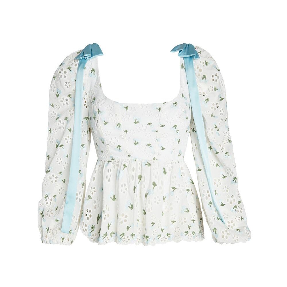 BOHO INSPIRED embroidered cherry eyelet blouse women shoulder bow lace-up back womens tops and blouses asymmetrical summer tops