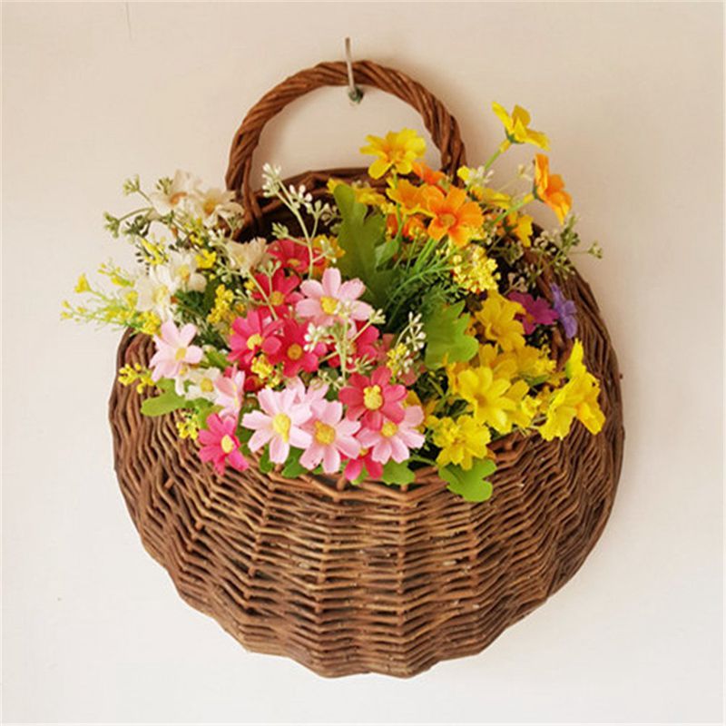 Kunstige blomster veggmontert kurv vegghengende plante potter flettet veggkurv hengende planter til hage bryllup vegg hjem