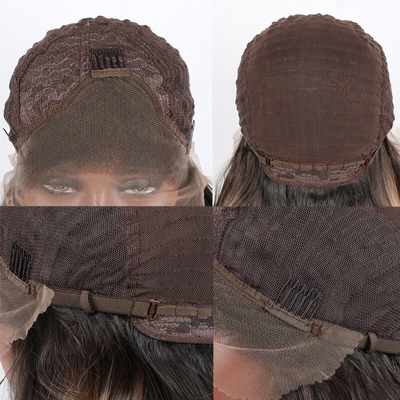 Emily-Peluca de cabello sintético para mujeres negras, pelo largo negro con flequillo lateral, malla frontal, resistente al calor, atado a media mano, 1B