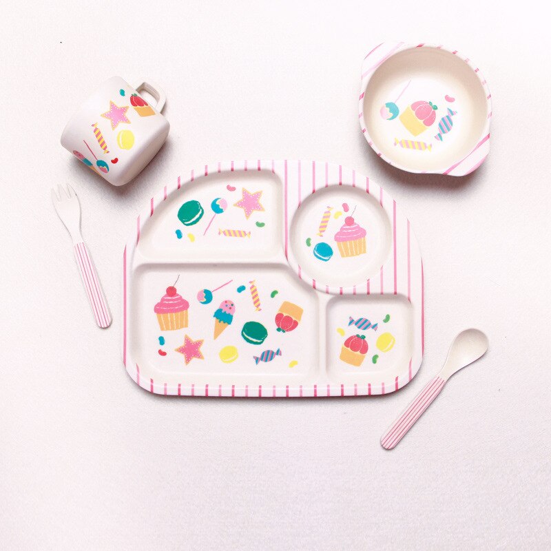 5 stuks babyservies van bamboevezel, babybord, kinderen, cartoon, scheidingsbord, kom, vork, lepel, beker, voedingsbenodigdheden