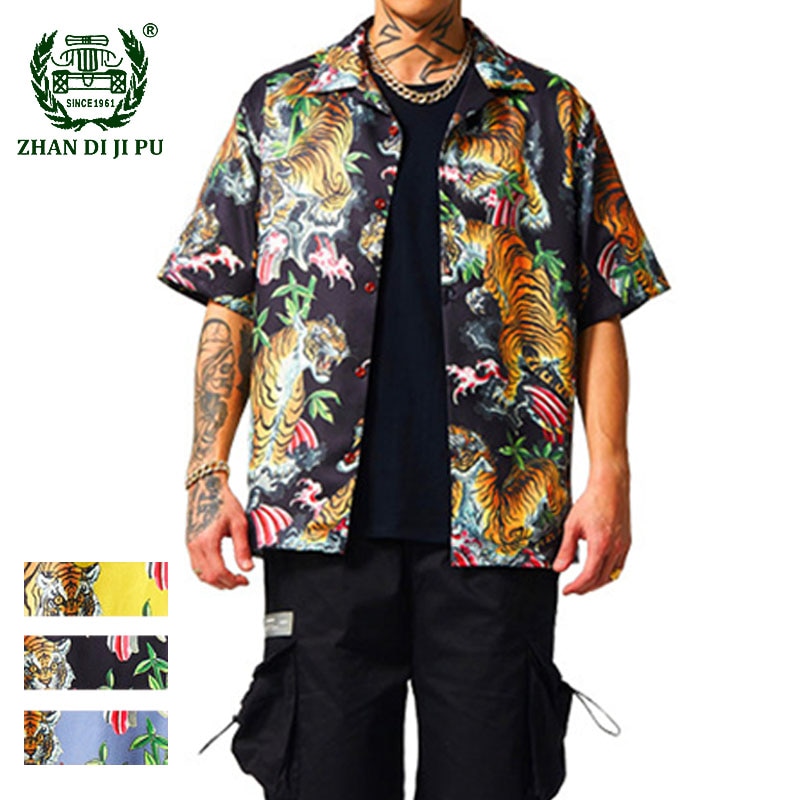 Skjorte med tigerprint til mænd sommer etnisk trend kortærmet top high street streetwear hawaiianske strandskjorter