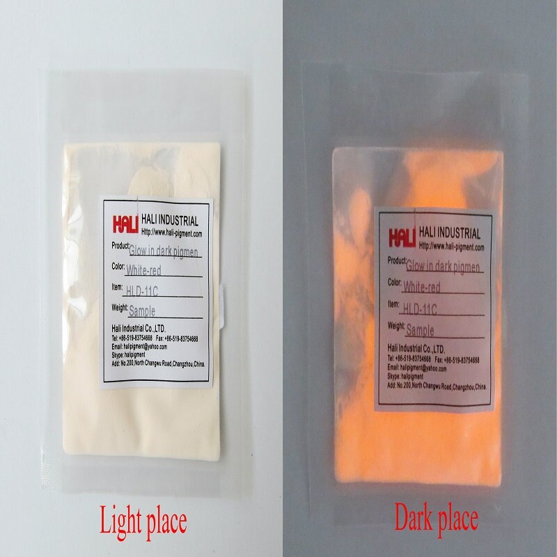 Glow in dark poeder, fotoluminescerend poeder, luminescerend poeder , 1 partijen = 10 kleuren ,10 gram per kleur.: Wit-rood 50g