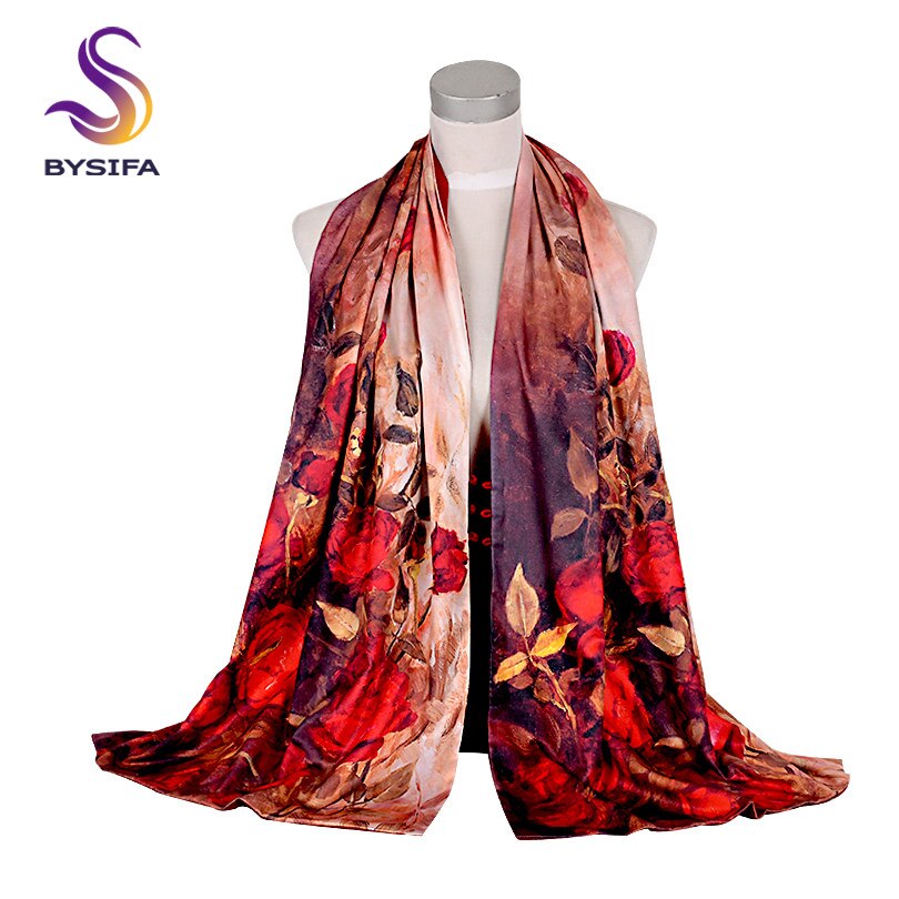 [bysifa] herfst winter lange sjaals omslagdoeken dames rozen halssjaal dubbelzijdige knopen sjaals omslagdoeken 175*50cm: Rood