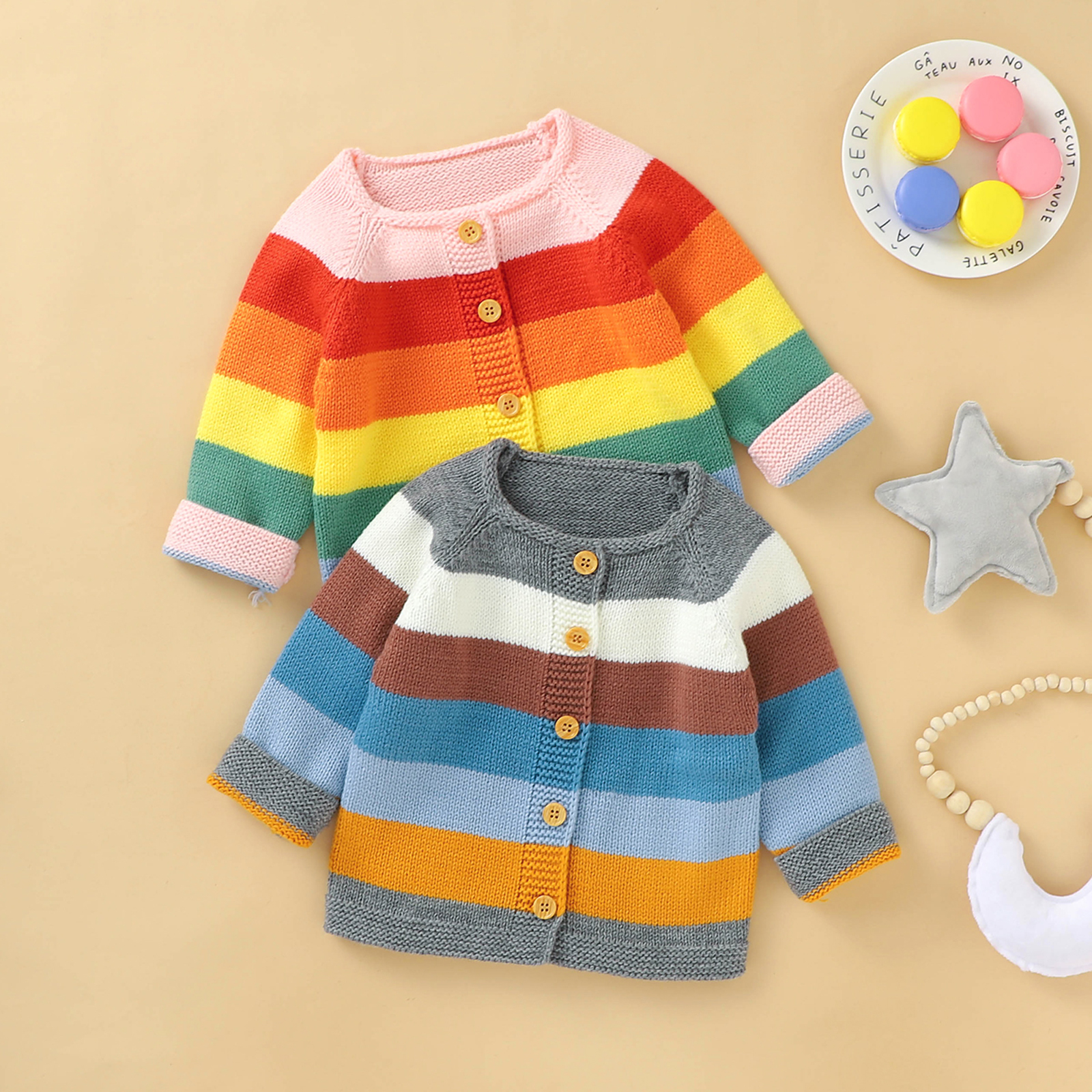 Cárdigan de punto para niños pequeños, chaqueta de manga larga con cuello redondo y rayas de arcoíris, prendas de vestir informales de un solo pecho, 4 colores, otoño