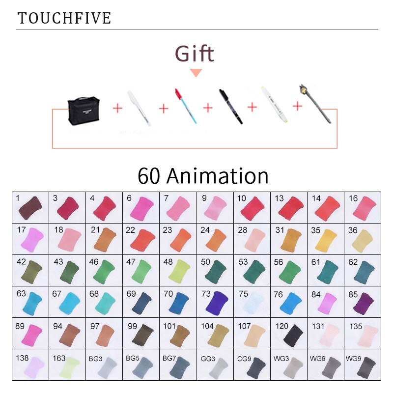 TouchFIVE 60/80/168 Farben Marker Set Manga Zeichnung Marker Pen Alkohol Basierend Skizze Filz-Spitze Fettige Twin Pinsel Stift Kunst liefert: 60 ANIMATION