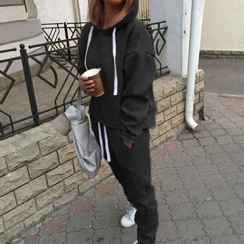 Vrouwen 2 Stuk Outfits-Effen Pullover Trainingspakken Lange Mouw Sweatshirt Skinny Lange Broek Fitness Trainingspak Set: black / M
